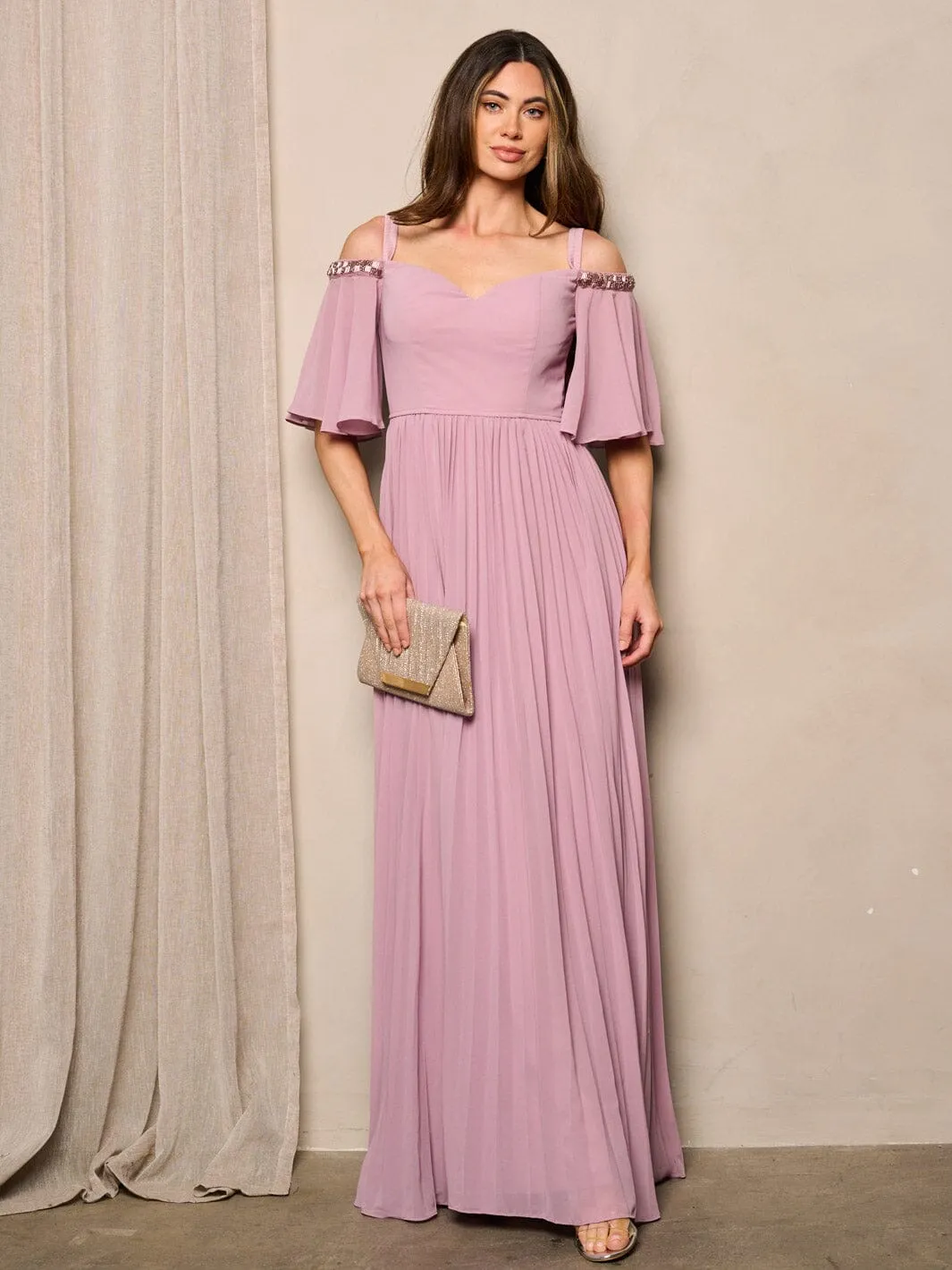 WOMEN'S SHORT SLEEVE OFF SHOULDER V-NECK PLEATED MAXI DRESS