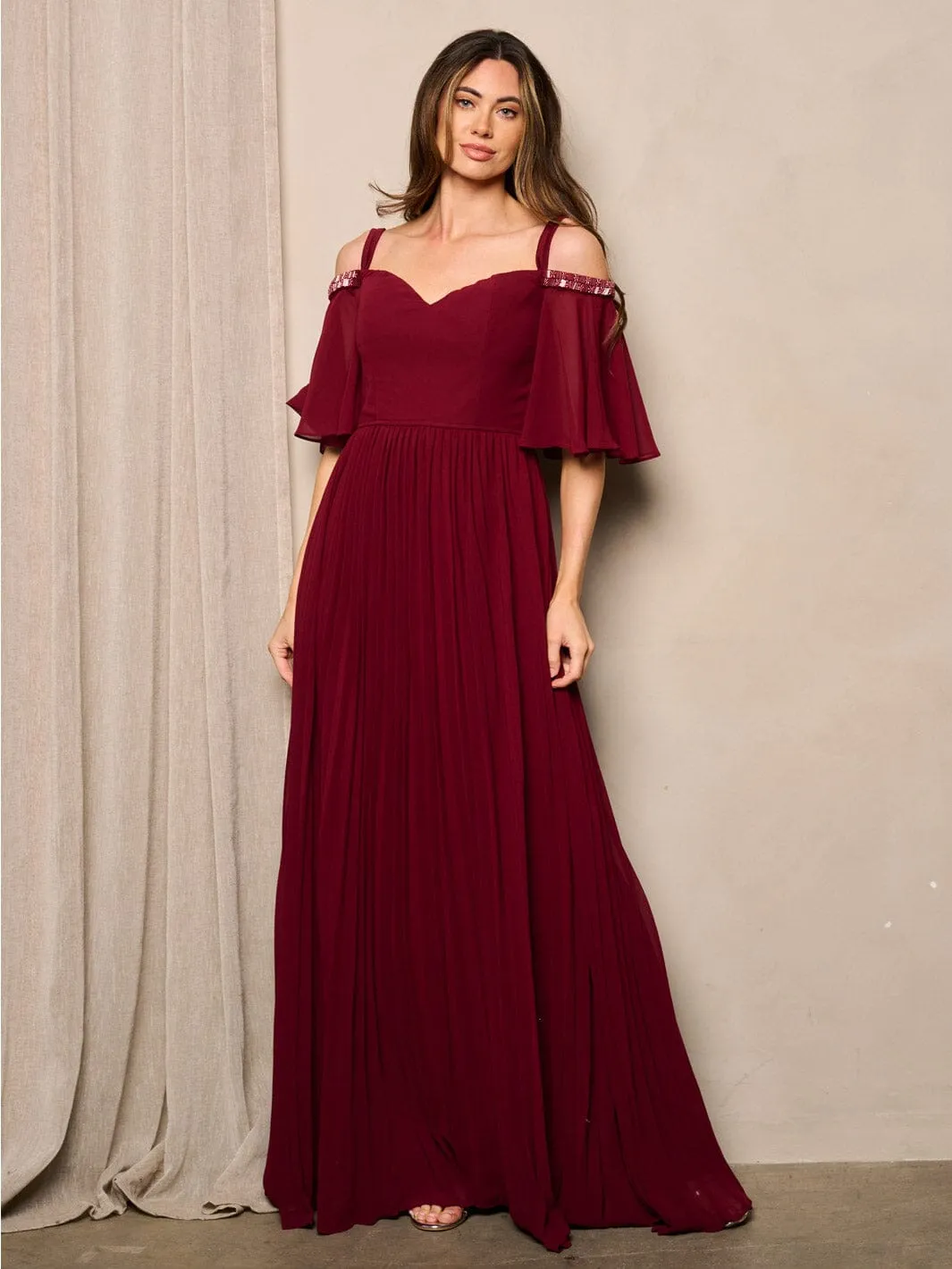 WOMEN'S SHORT SLEEVE OFF SHOULDER V-NECK PLEATED MAXI DRESS