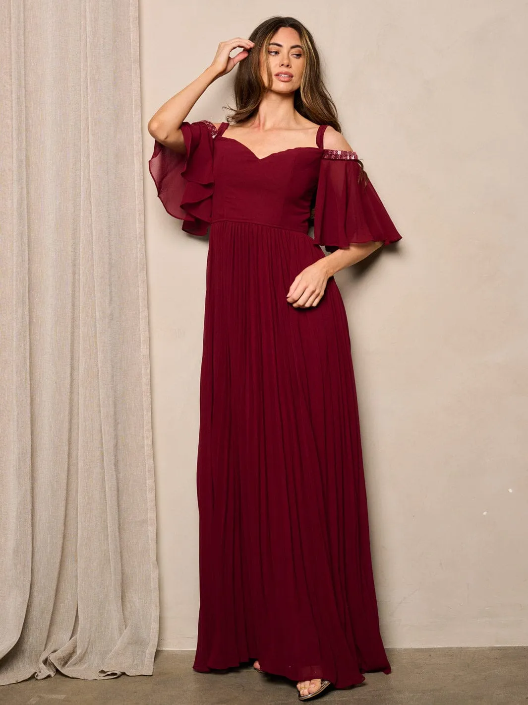 WOMEN'S SHORT SLEEVE OFF SHOULDER V-NECK PLEATED MAXI DRESS