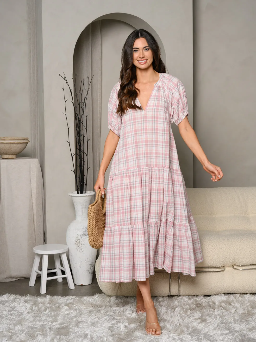 WOMEN'S SHORT SLEEVE V-NECK PLAID MAXI DRESS