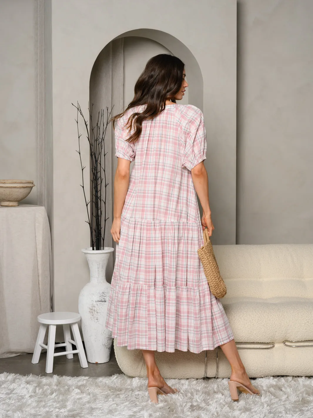 WOMEN'S SHORT SLEEVE V-NECK PLAID MAXI DRESS