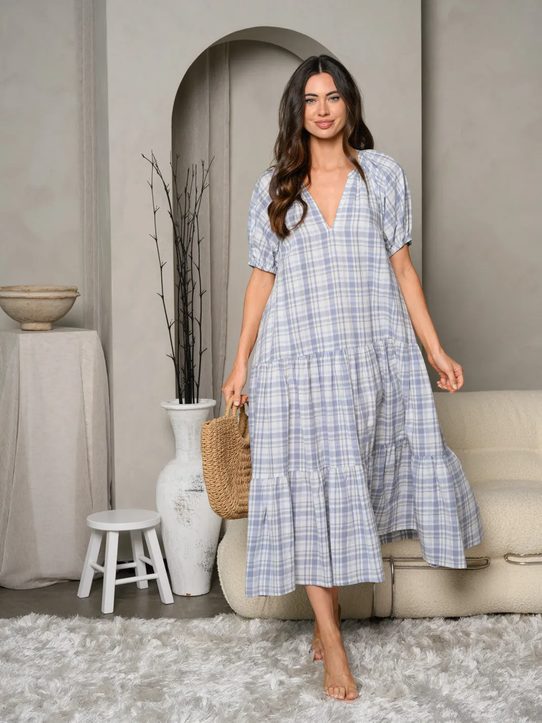 WOMEN'S SHORT SLEEVE V-NECK PLAID MAXI DRESS