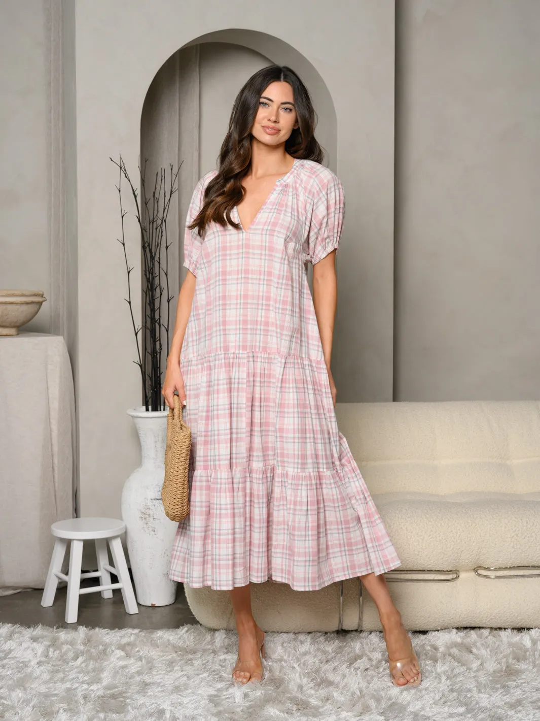 WOMEN'S SHORT SLEEVE V-NECK PLAID MAXI DRESS