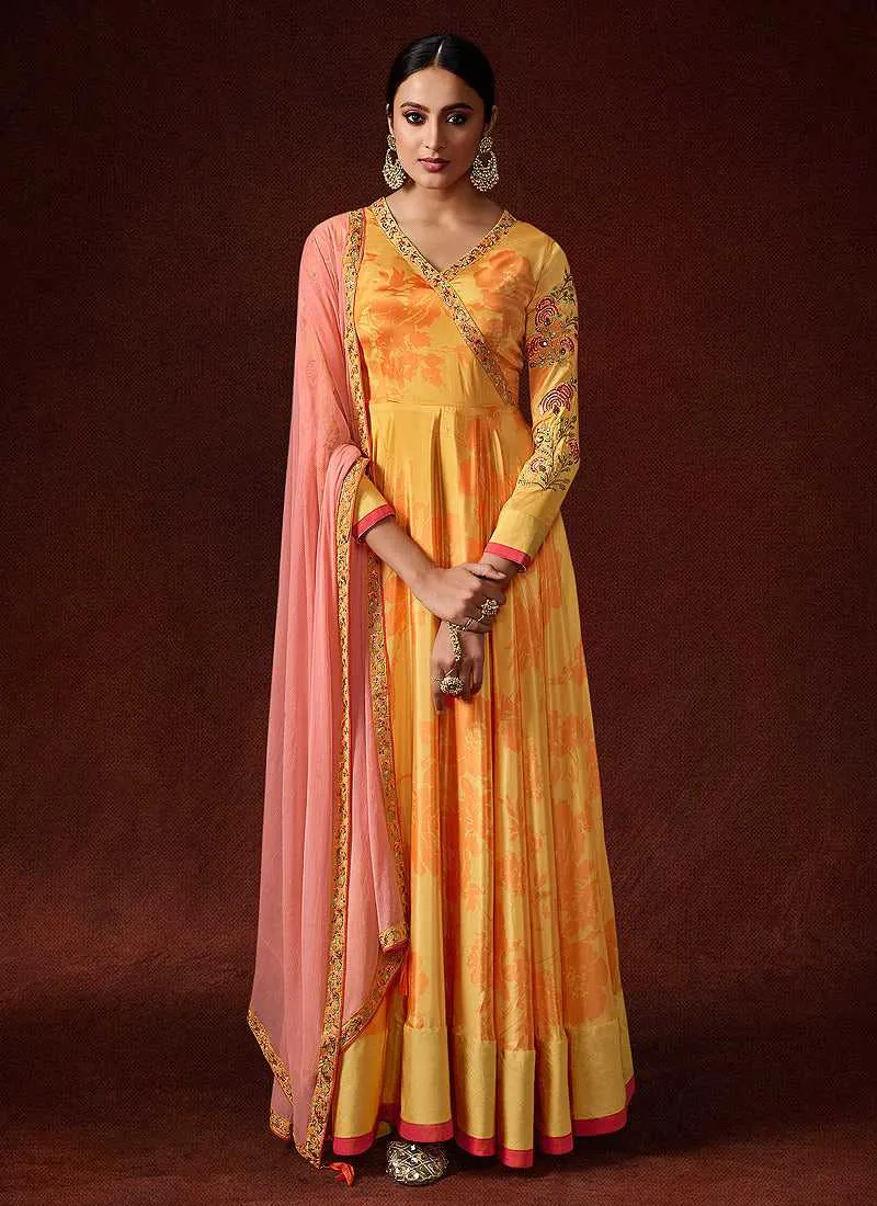 Yellow and Pink Embroidered Anarkali Style Gown
