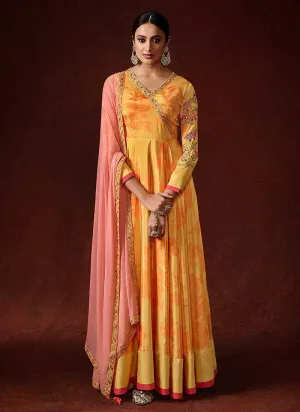 Yellow and Pink Embroidered Anarkali Style Gown
