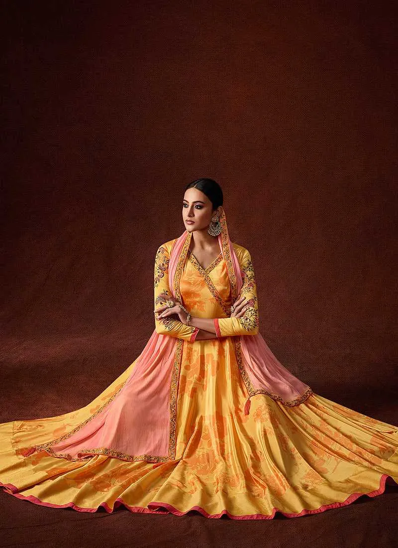 Yellow and Pink Embroidered Anarkali Style Gown