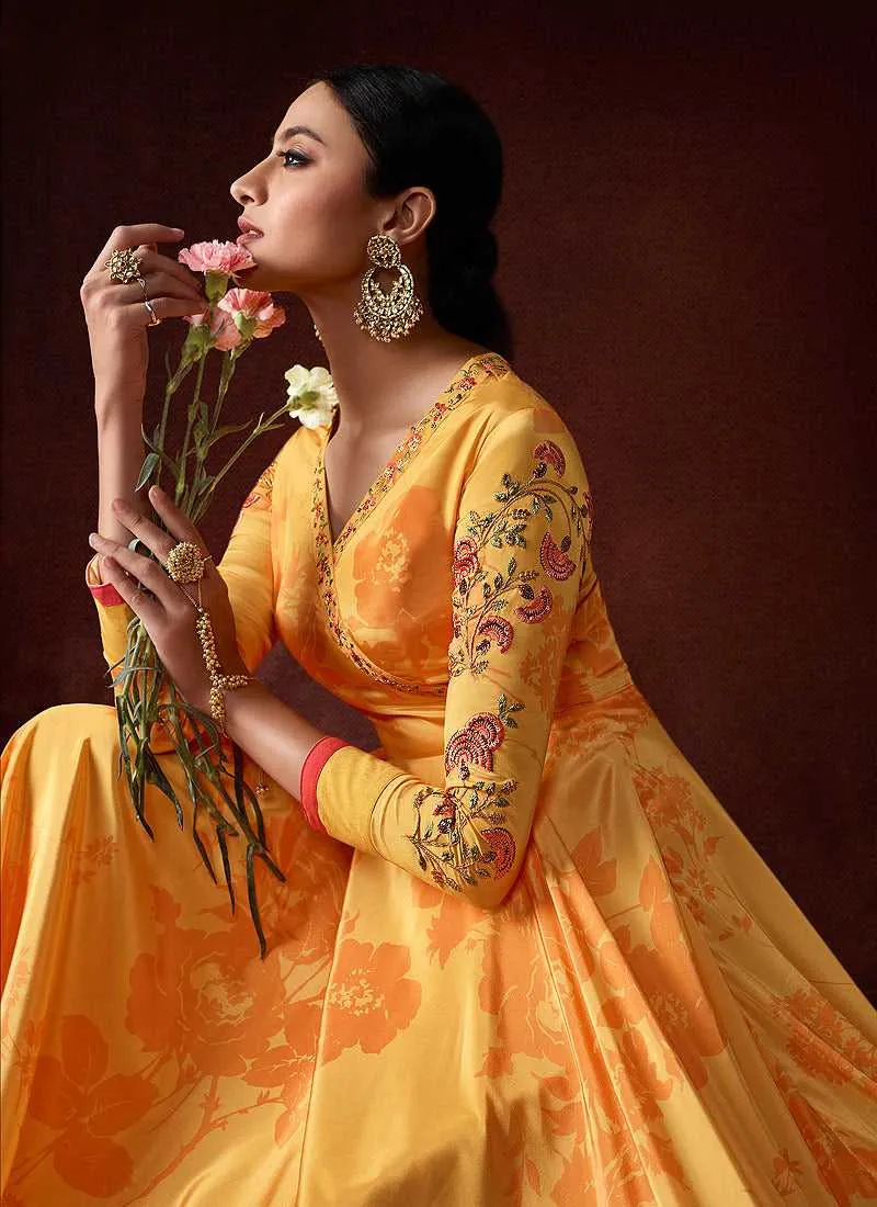 Yellow and Pink Embroidered Anarkali Style Gown
