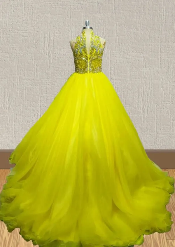 Yellow Floor-Length Evening Dress With Beaded Bodice