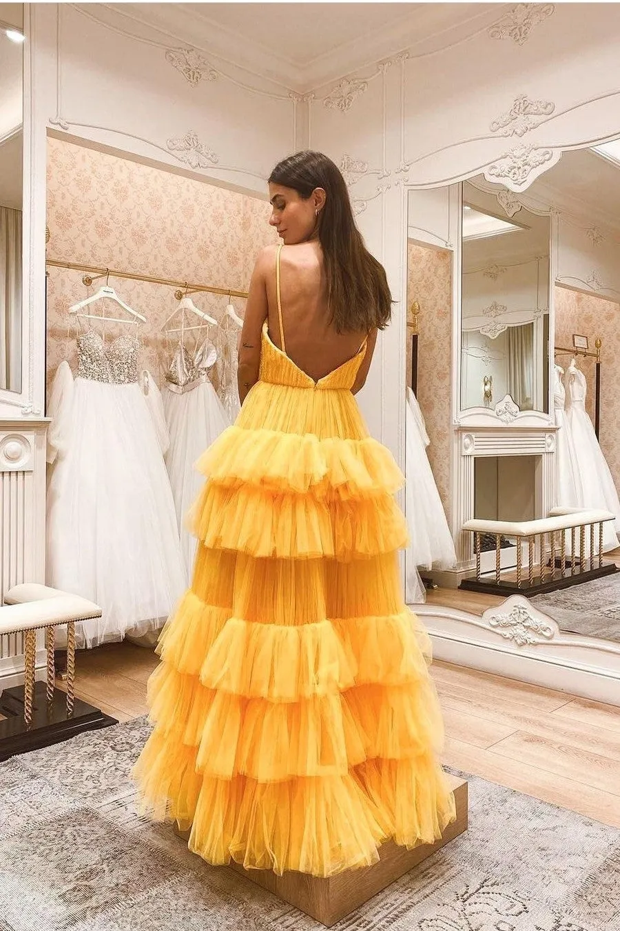 Yellow Floor-Length Prom Gown with Tiered Skirt