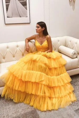 Yellow Floor-Length Prom Gown with Tiered Skirt