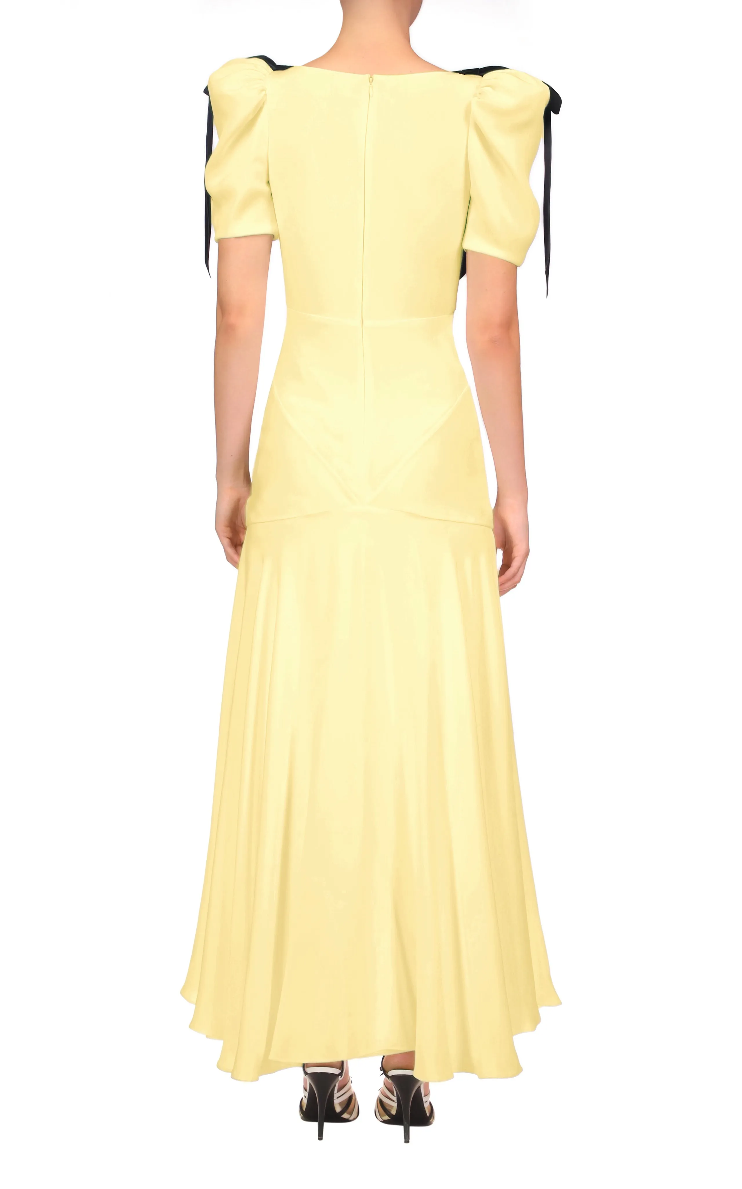 Yellow Silk Crepe Bias Dress With Black Velvet Bow Detail