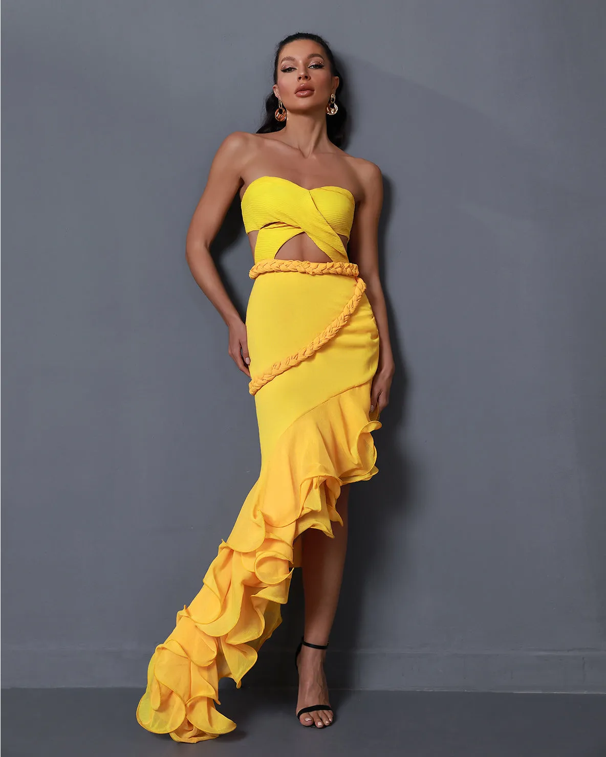 Yellow Strapless Cutout Jina Gown