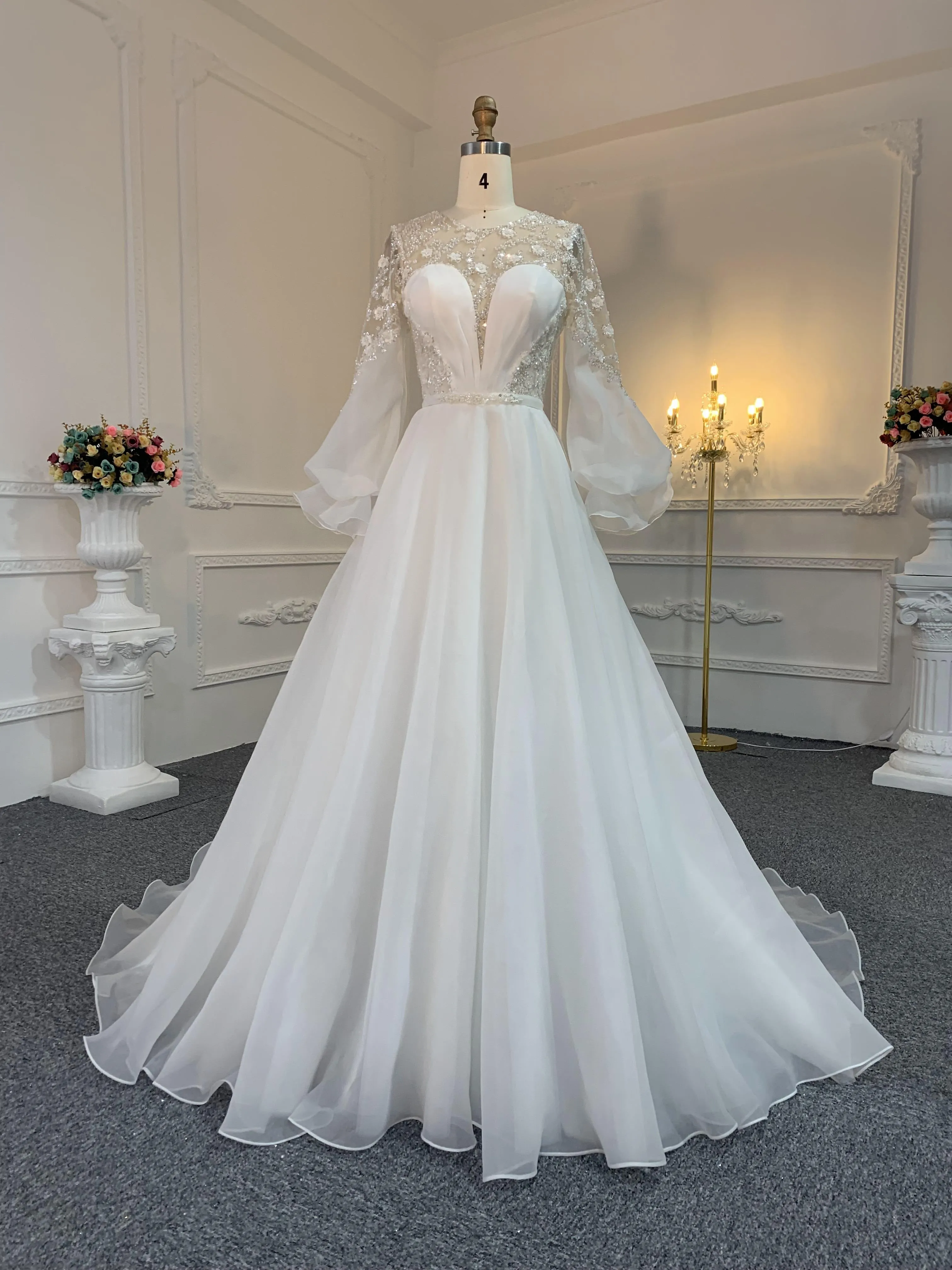 Z021-The Organza V-Neckline Long Tail A-Line Gown