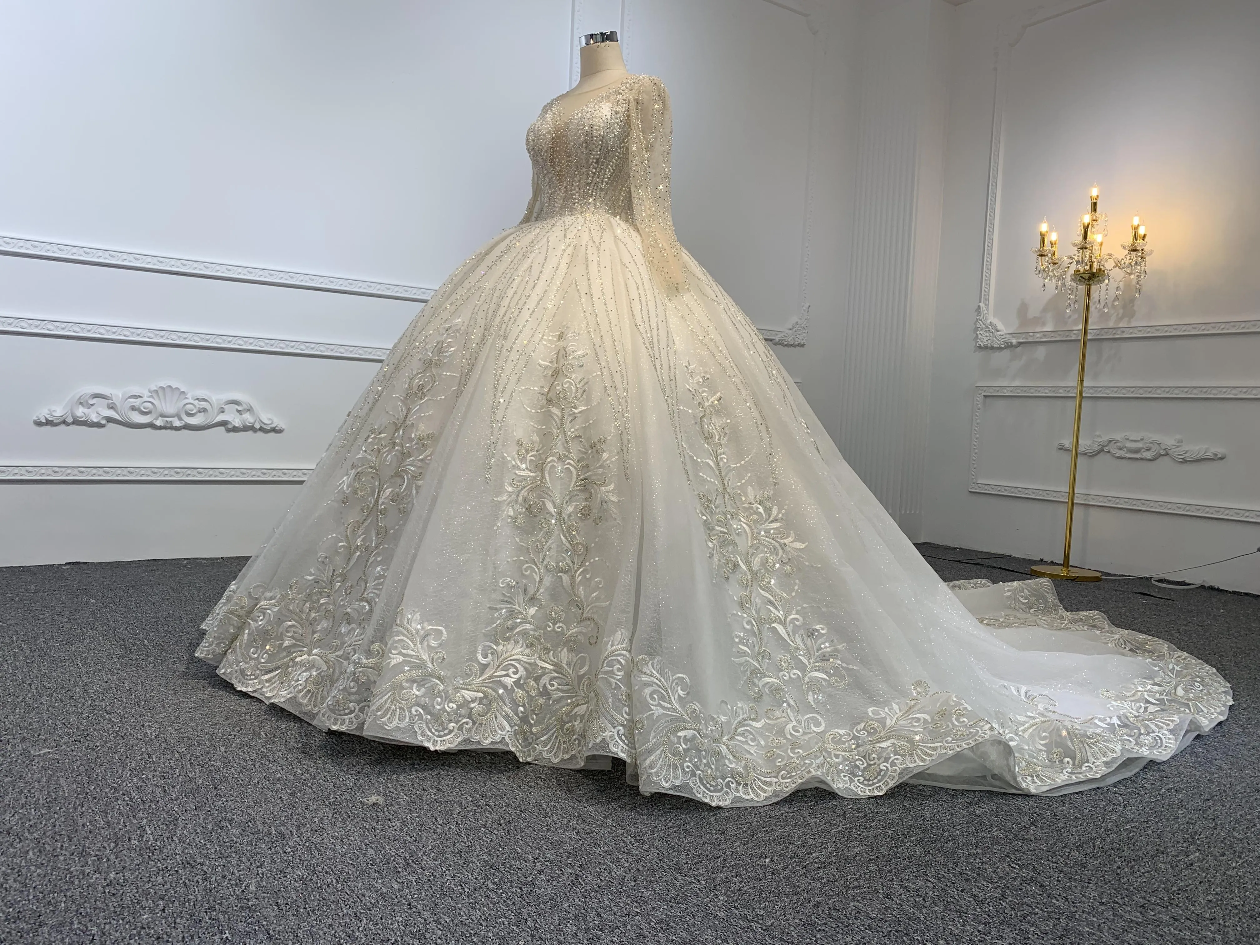 Z039-BYG OWN DESIGN WITH SPEICAL NECKLINE AND LUXURIOUS BEADING LACE BALL GOWN