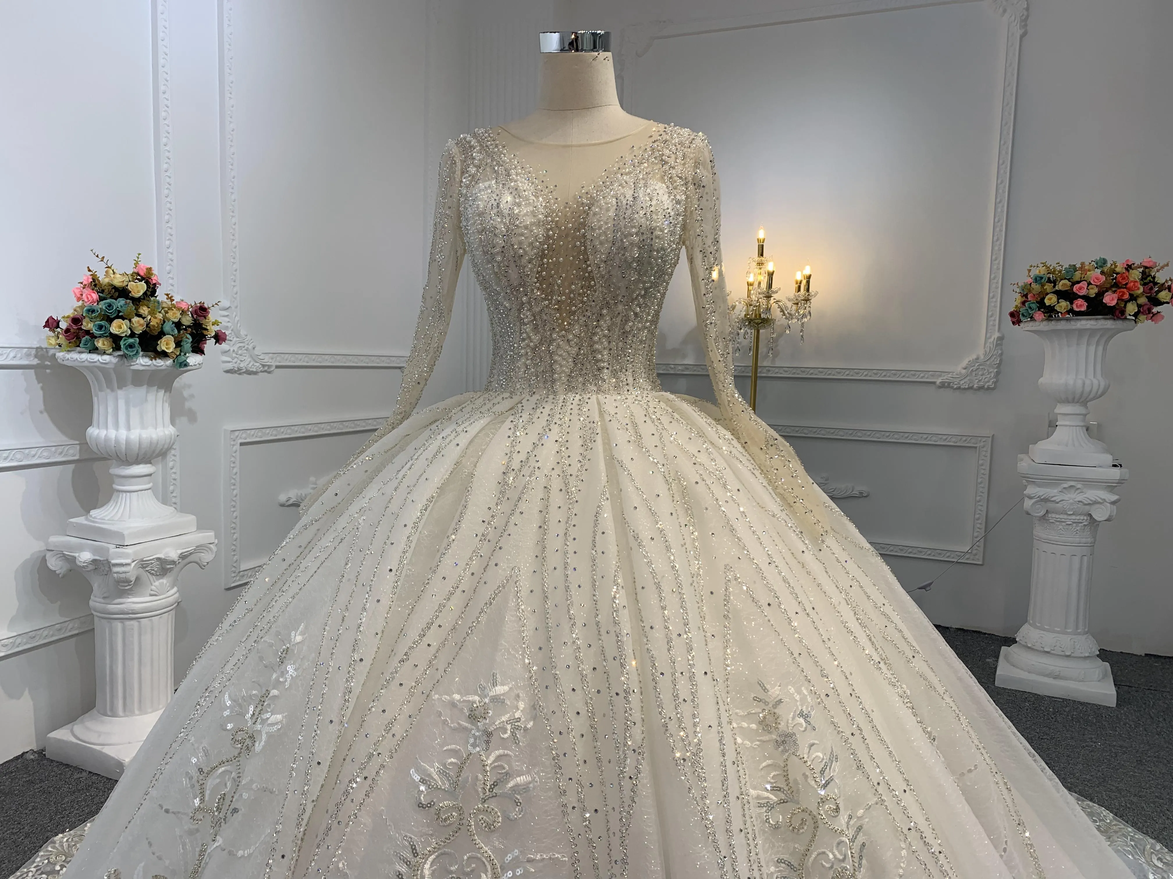 Z039-BYG OWN DESIGN WITH SPEICAL NECKLINE AND LUXURIOUS BEADING LACE BALL GOWN