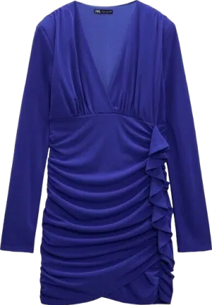 ZARA Blue Ruffle Detail Long Sleeve Double Lined Mini Dress BNWT UK S